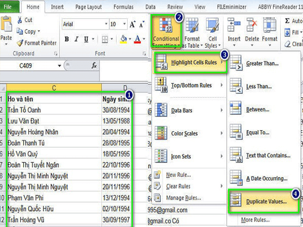 Cách lọc dữ liệu trùng nhau trong Excel bằng Conditional Formating